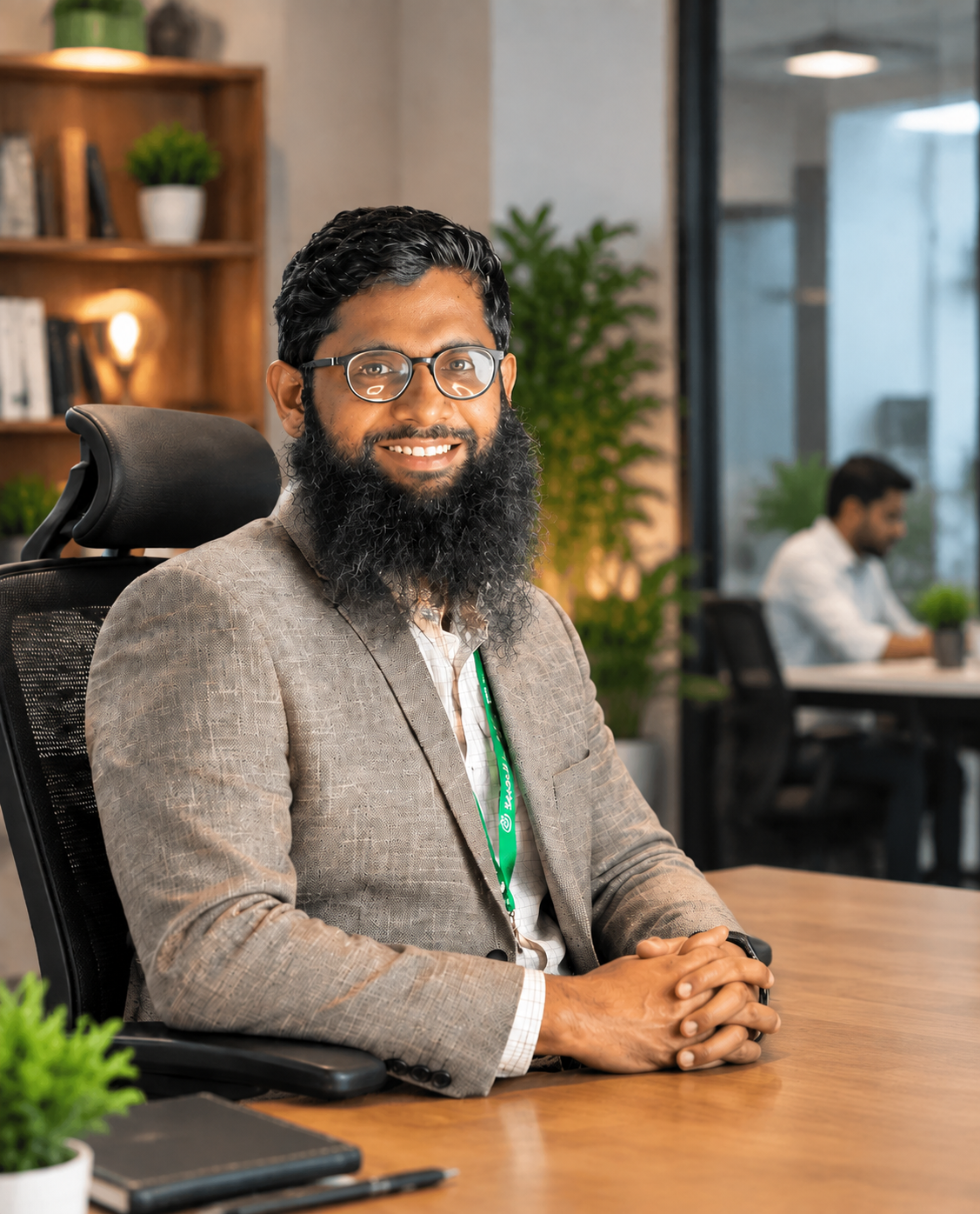 Professional studio portrait of Engr. S M Shakil Ahmed, male CEO and Local SEO strategist in navy blue tailored suit, looking confident and approachable with arms resting on desk, corporate headquarters office background with analytical geo-charts on glass partitions, warm clean natural architectural lighting.